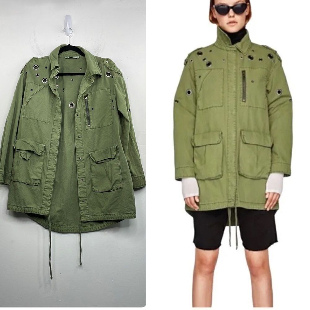 ZARA Oversized Rivet Roll Sleeve Utility Jacket Size X Small Green